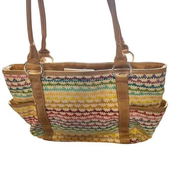 Woven Multicolor Straw Tote Bag Tan Faux Leather Handles Shoulder Purse - Picture 5 of 16